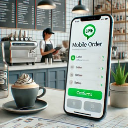 DALL·E 2024-11-26 18.22.49 - A modern depiction of a mobile order process using LINE Official Account. The image shows a smartphone screen displaying a LINE chat interface where a