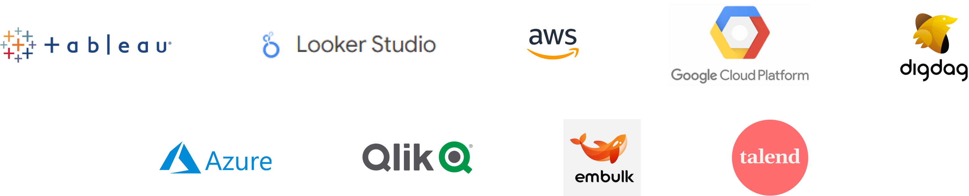 Tableau, Looker Studio, AWS, Google Cloud Platform, Digdag, Microsoft Azure, Qlik, Embulk, Talend